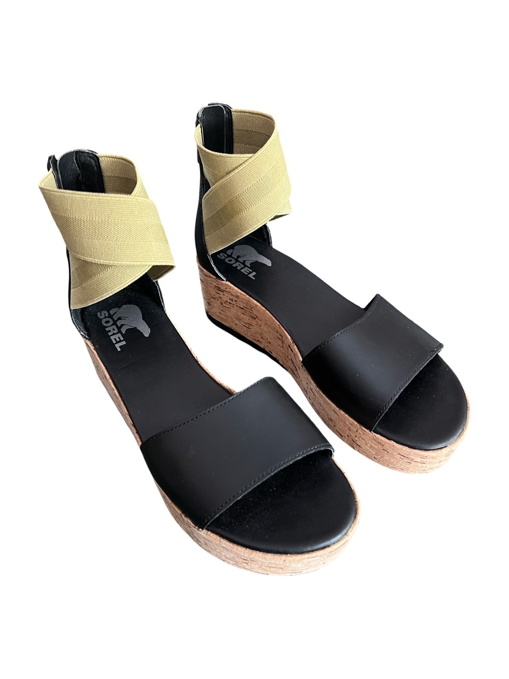 Sorel Cameron Olive Green & Black Leather Platform Wedge Sandals Cork Heel 7.5